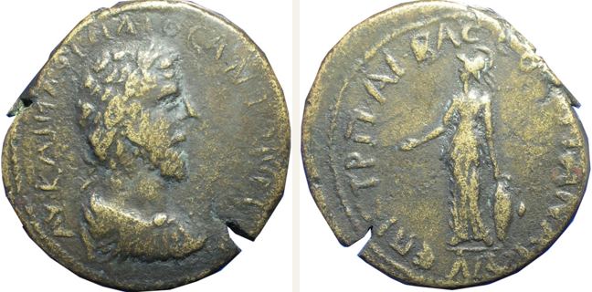 Pitane, Marc Aurel, bronze coin — Athena standing facing (CN type 22567)