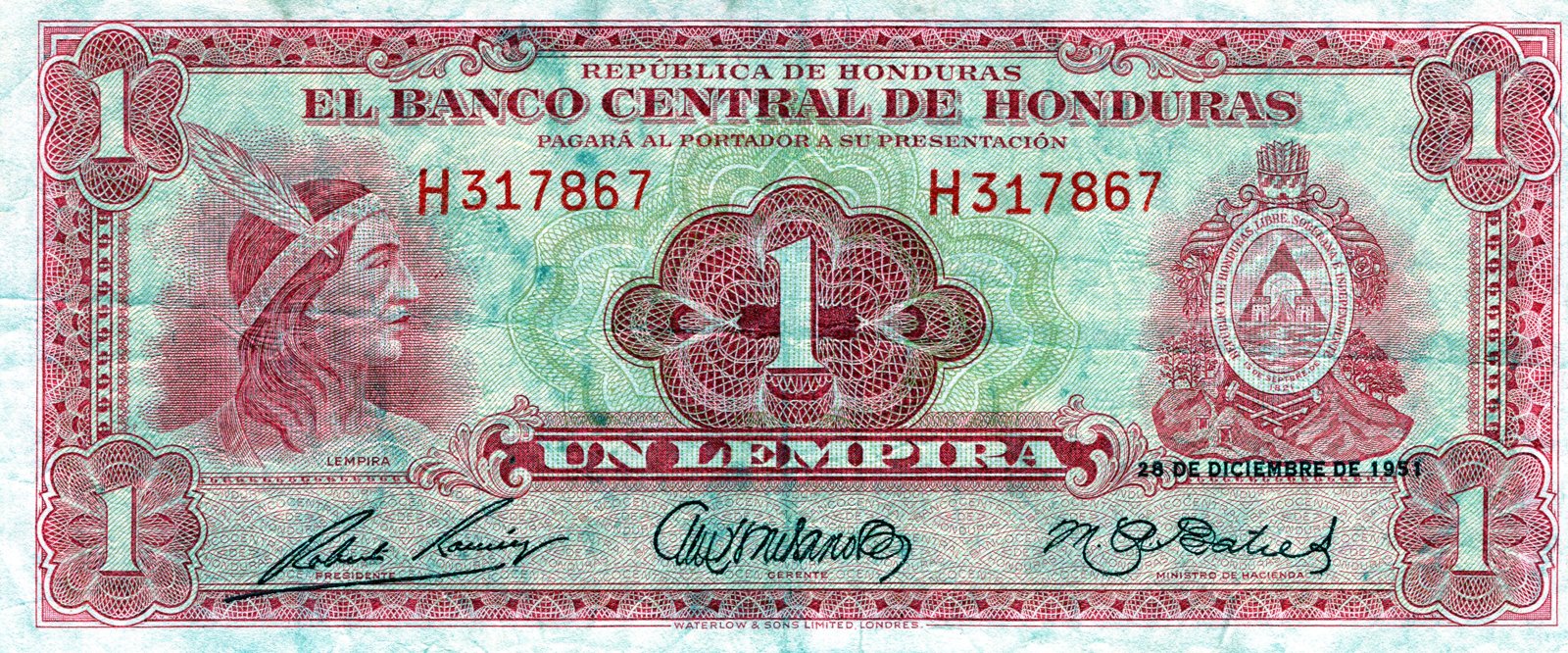 1 Lempira, Central Bank of Honduras, Honduras, 1951 (Pick 45)