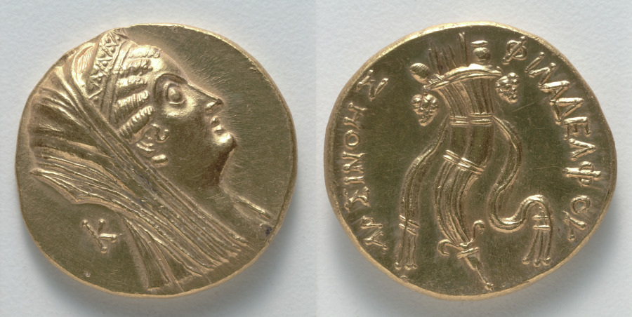 Octodrachm: Head of Arsinoe II (obverse); Double Cornucopia (reverse), 205–145 BCE (Cleveland Museum of Art 1965.552)