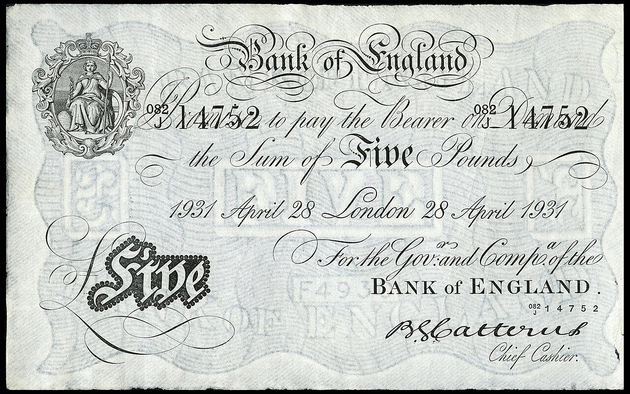 Bank of England, B.G. Catterns, Five Pounds, 28 April 1931, 082/J 14752