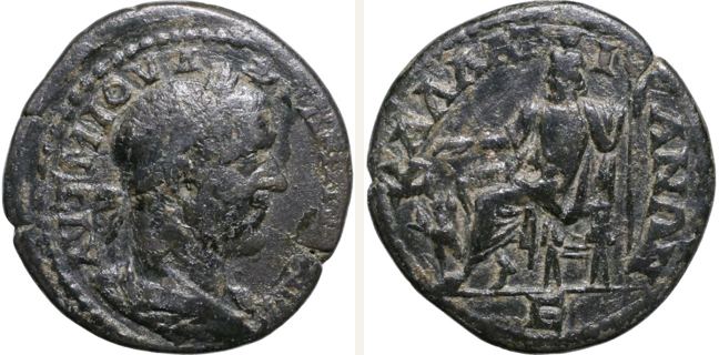 Kallatis, Philippus Arabs, bronze coin — Hades-Serapis seated left on throne (CN type 16468)