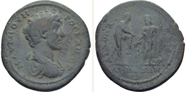 Attaea, Antoninus Pius, bronze coin — Male figure and Zeus (CN type 17899)