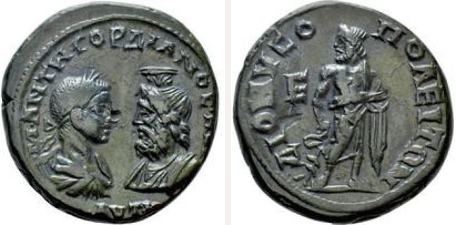 Dionysopolis, Gordian III., bronze coin — Asclepius standing facing (CN type 12822)