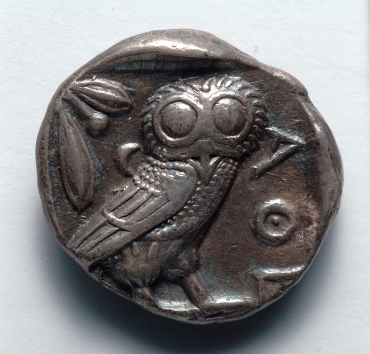 Tetradrachm: Owl, Crescent Moon, Olive Branch (reverse), 480–449 BCE (Cleveland Museum of Art 1920.267.b)