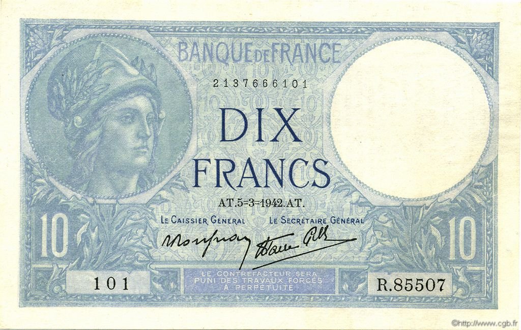 Obverse of 10 Francs (1939–1942), Pick 84