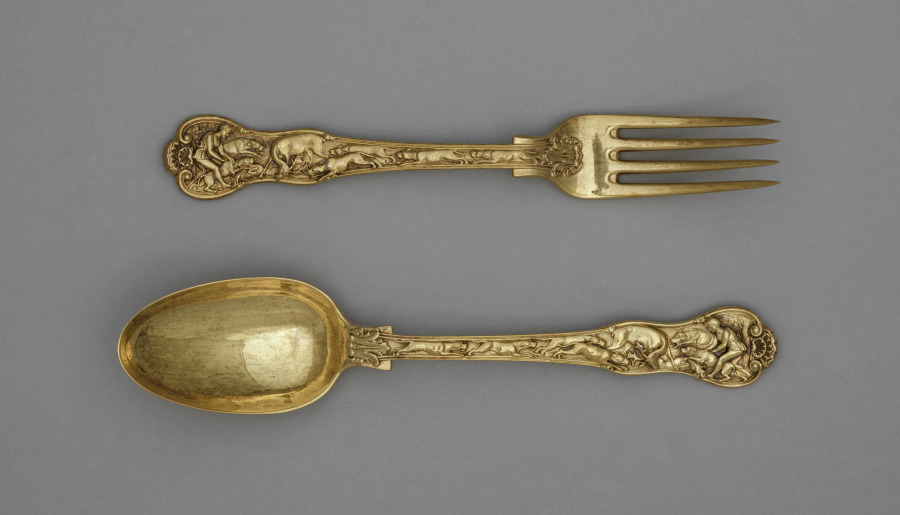 Dessert Fork and Spoon with Hunt Scenes, c. 1822 (Cleveland Museum of Art 2003.244)