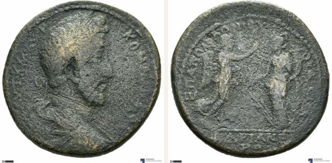 Hadrianeia, Commodus, bronze coin — Nike and Tyche (CN type 17577)