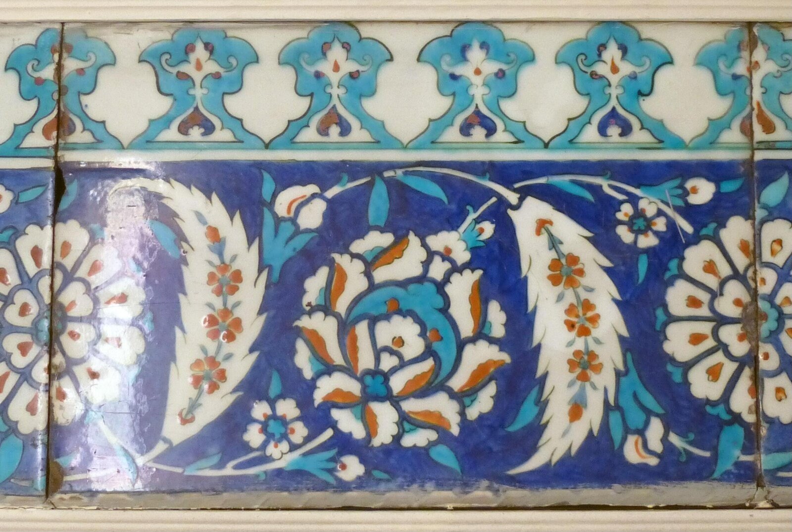Tile panel, grey fritware, Iznik, 1550-1600 — museum object 1882:1 to 4-1897