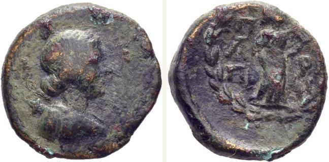 Priapos, bronze coin — Apollo wearing long dress standing right (CN type 21436)