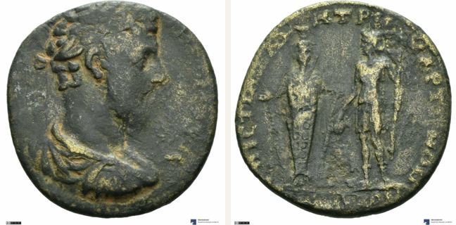 Kame, Commodus, bronze coin — Artemis and Dionysos (CN type 3483)
