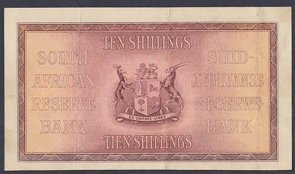 Auction photograph of an example of Pick 82 (World Banknotes: South Africa 10 shillings dated 6th April 1944 series E/68 040958, Pick82d, GVF)