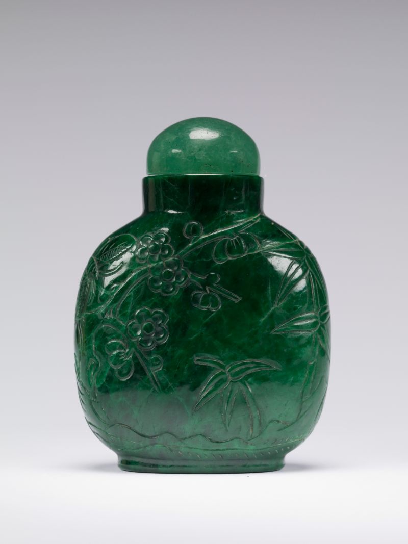 Snuff bottle carved with pine, bamboo and prunus, Unknown