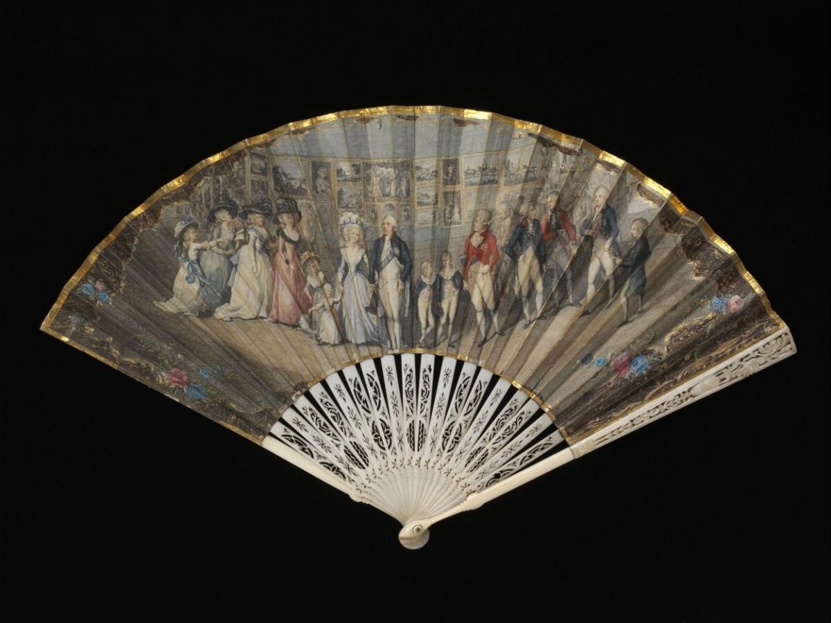 Commemorative fan of a painted engraving after Pietro Antonio Martini and carved ivory sticks, 1789-90, British