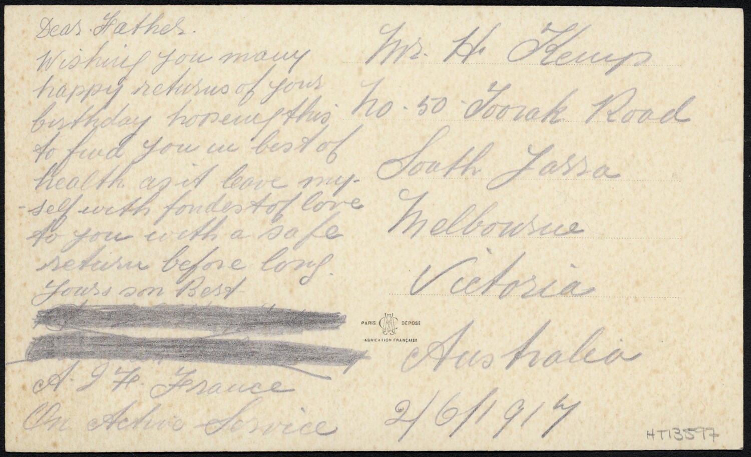 Postcard - Private Albert Edward Kemp, 'To My Dear Father', Embroidered, 2 Jun 1917