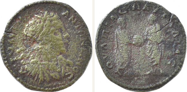 Pautalia, Caracalla, bronze coin — Two emperors standing facing each other (CN type 22542)