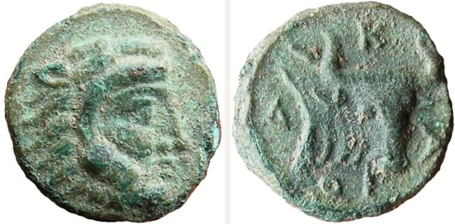Dikaia, bronze coin — Head and neck of a bull facing three-quarters to right (CN type 22983)
