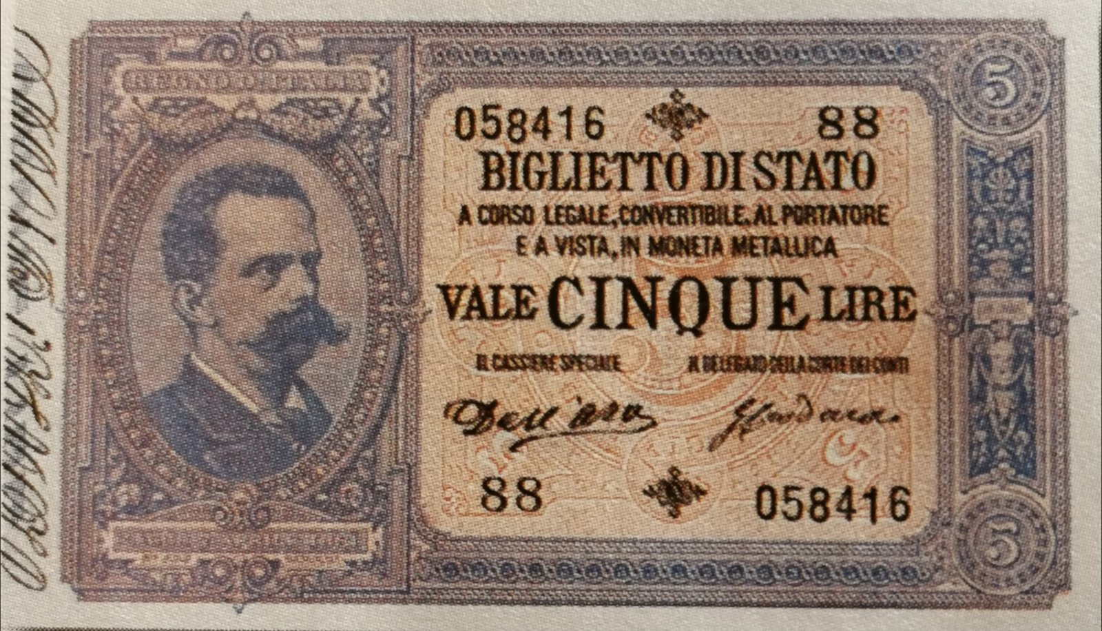 Obverse of 5 Lire (1882–1892), Pick 18