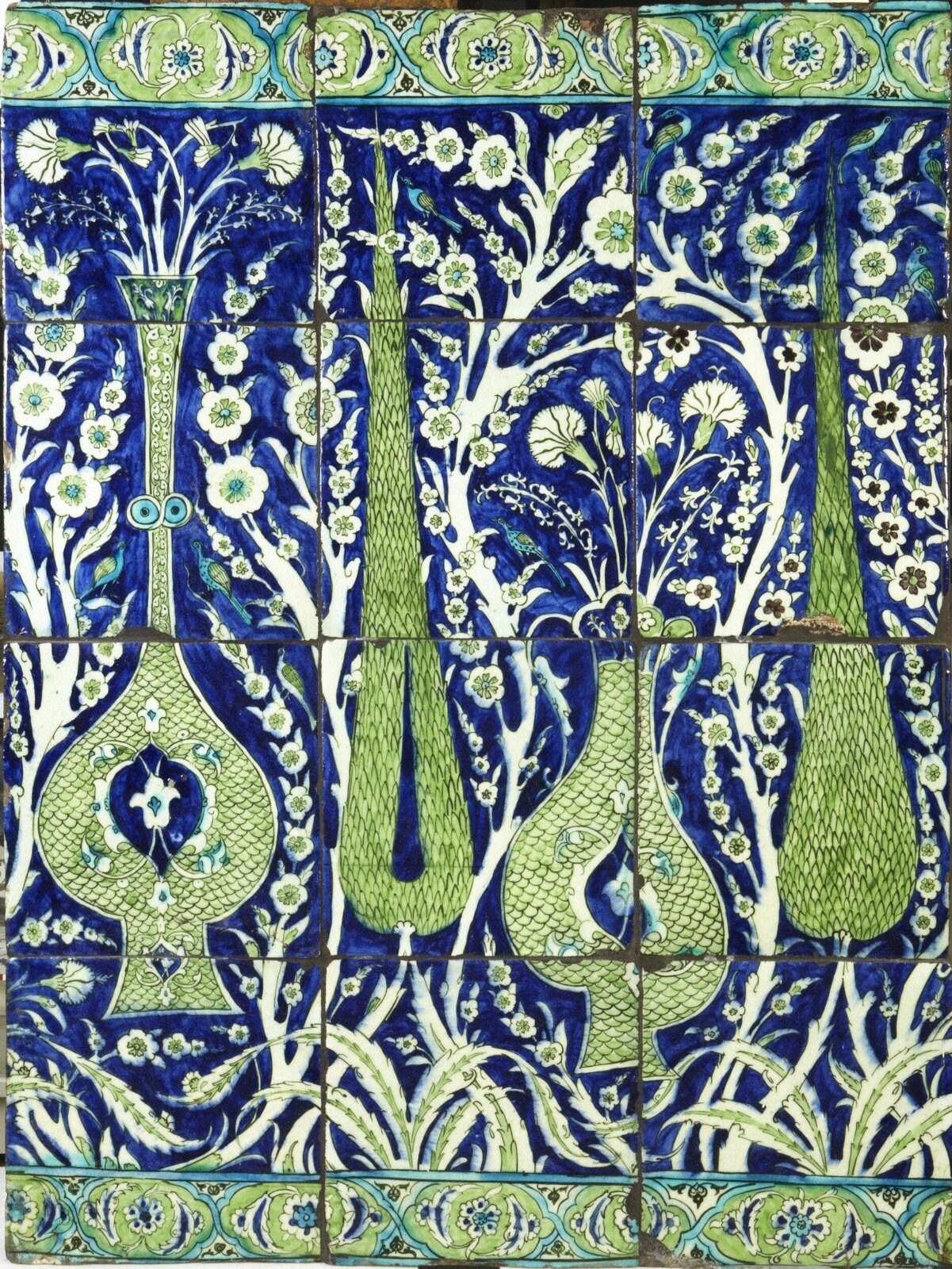 Tile panel, twelve square tiles, Damascus, 1575-1650 — museum object 129:1 to 12-1897