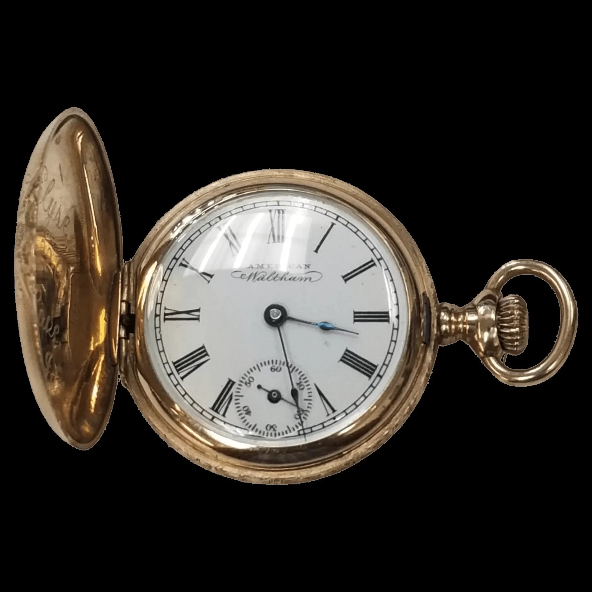 14k yellow gold American Waltham hand engraved pocket watch with white dial - 1900