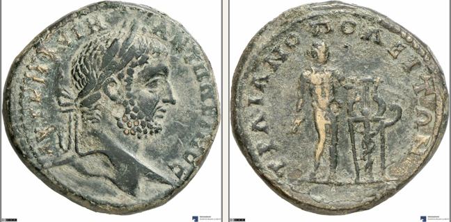 Traianopolis, Caracalla, 5 unit — Nude Apollo standing right (CN type 2687)