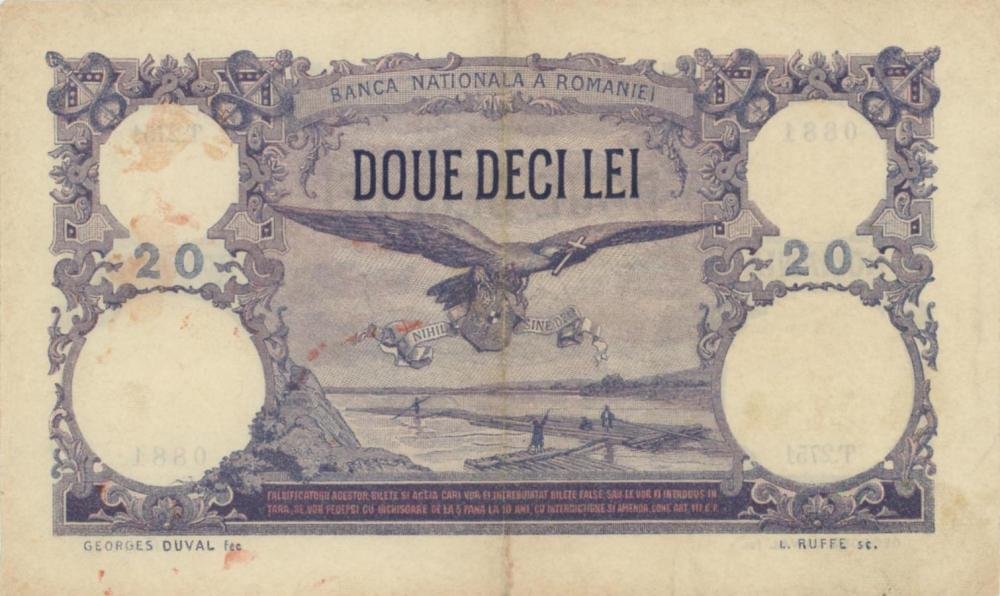 Auction photograph of an example of Pick 20 (Foreign Banknotes - ROMANIA 20 Lei 25-03-1920 pick#20a...)