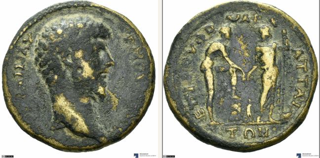 Attaea, Lucius Verus, bronze coin — Male figure and Zeus (CN type 19591)