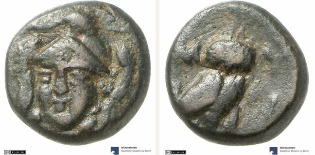 Myrina, bronze coin — Owl standing right (CN type 19872)