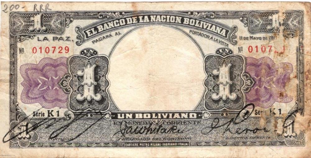 1 Boliviano, Bank of the Bolivian Nation, Bolivia, 1911 (Pick 104)