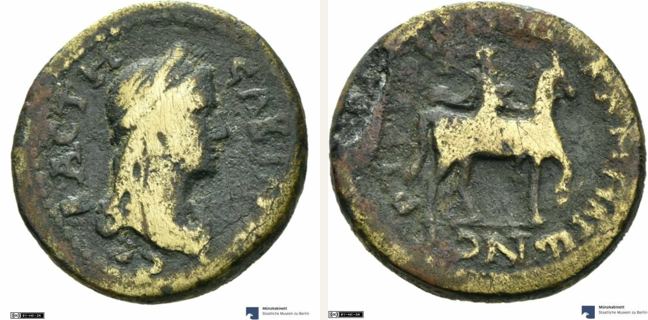 Kame, Sabina, bronze coin — Horseman riding right (CN type 3475)