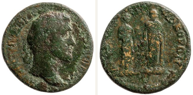 Kyzikos, Antoninus Pius, bronze coin — Hygieia and Asclepius (CN type 17020)