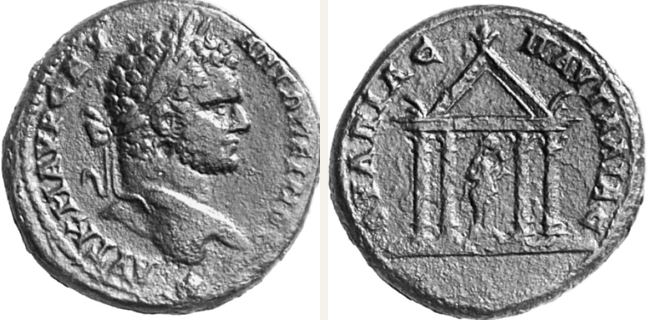 Pautalia, Caracalla, bronze coin — Temple front of a tetrastyle temple (CN type 22132)