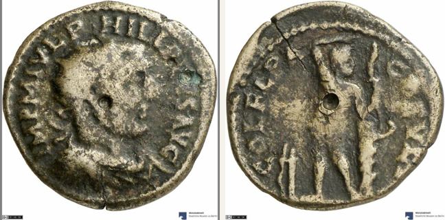 Deultum, Philippus Arabs, 4 unit — Nude Apollo holding right hand over his head (CN type 1224)