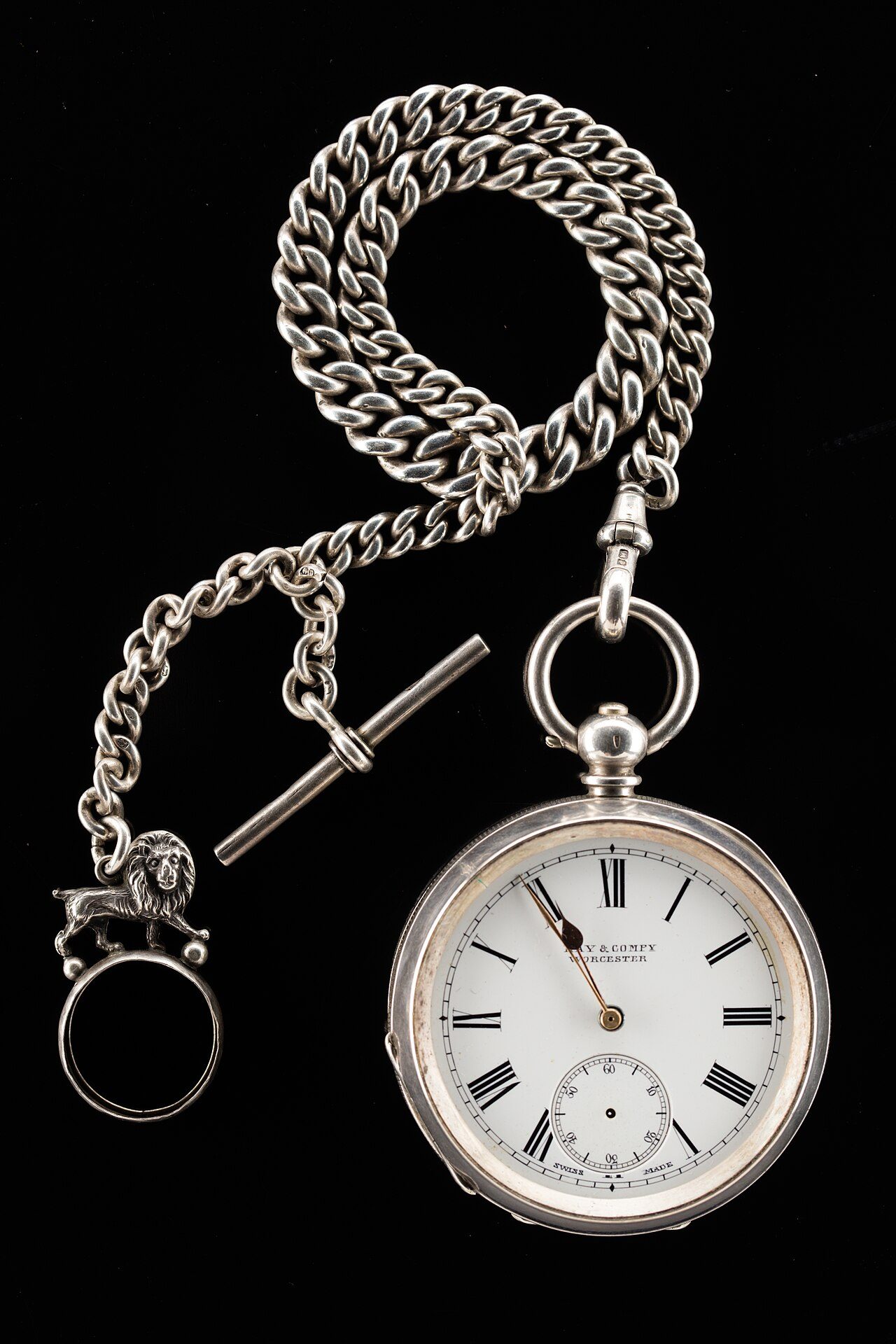 Open-face silver pocket watch with chain