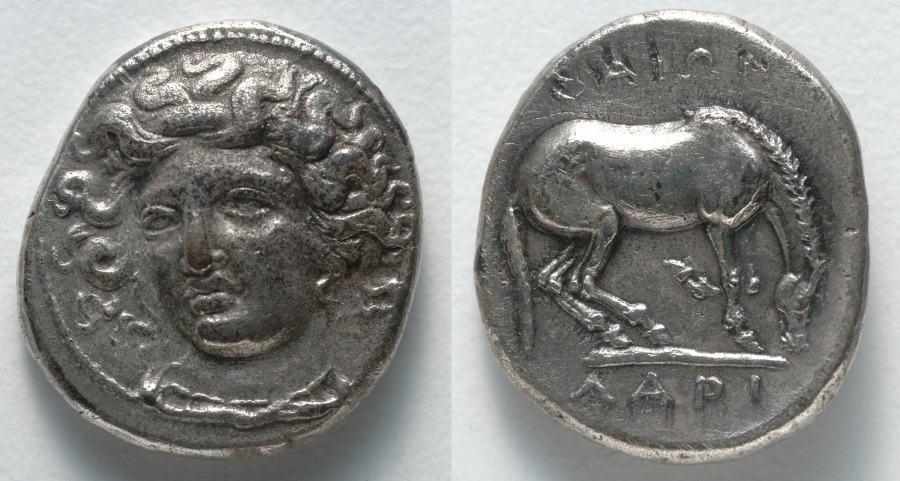 Drachm: Head of Larissa (Nymph) (obverse); Horse (reverse), c. 375–320 BCE (Cleveland Museum of Art 1916.988)