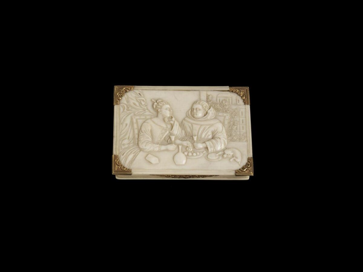 Box — Box with scene of a monk and lady at a table, Netherlands, ca. 1750