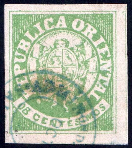 Photograph of a stamp from this issue (Wikimedia Commons file “Uruguay 1864 Sc21.jpg”). The paper, perforation or watermark variety shown cannot be confirmed from the photograph.