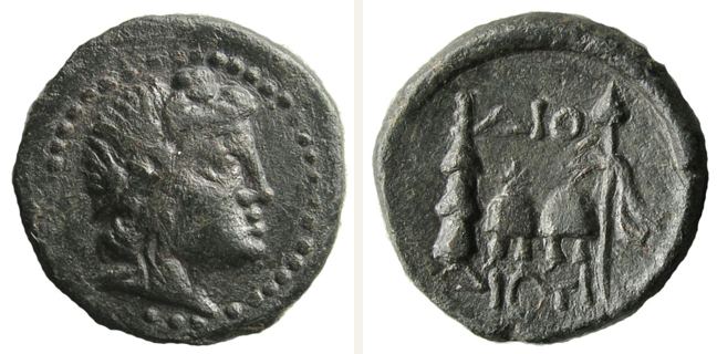 Dionysopolis, bronze coin — Piloi of the Dioscuri surmounted by stars (CN type 20700)