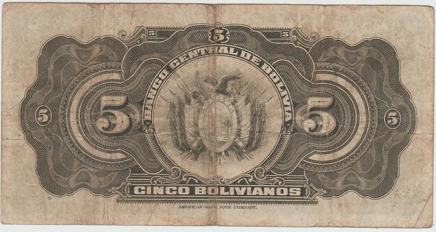Reverse of 5 Bolivianos (1928), Pick 120