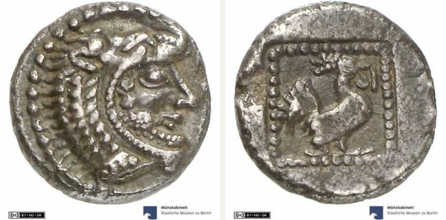 Dikaia, hemidrachm (triobol) — Cock standing right (CN type 51)