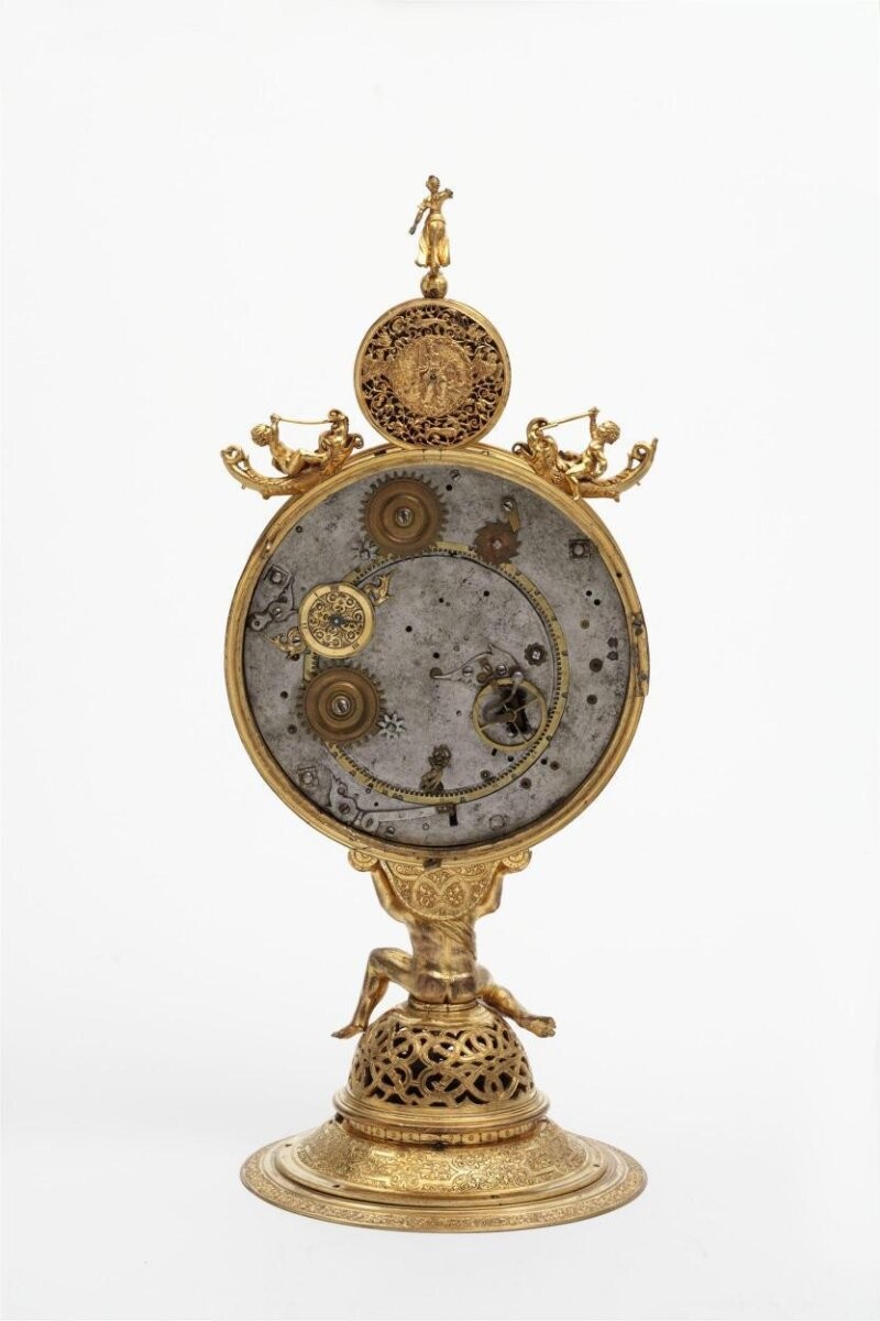 Clock, gilt brass with enamelled silver dial ring, signed by Jeremias Metzger, Augsburg, southern Germany, dated 1564