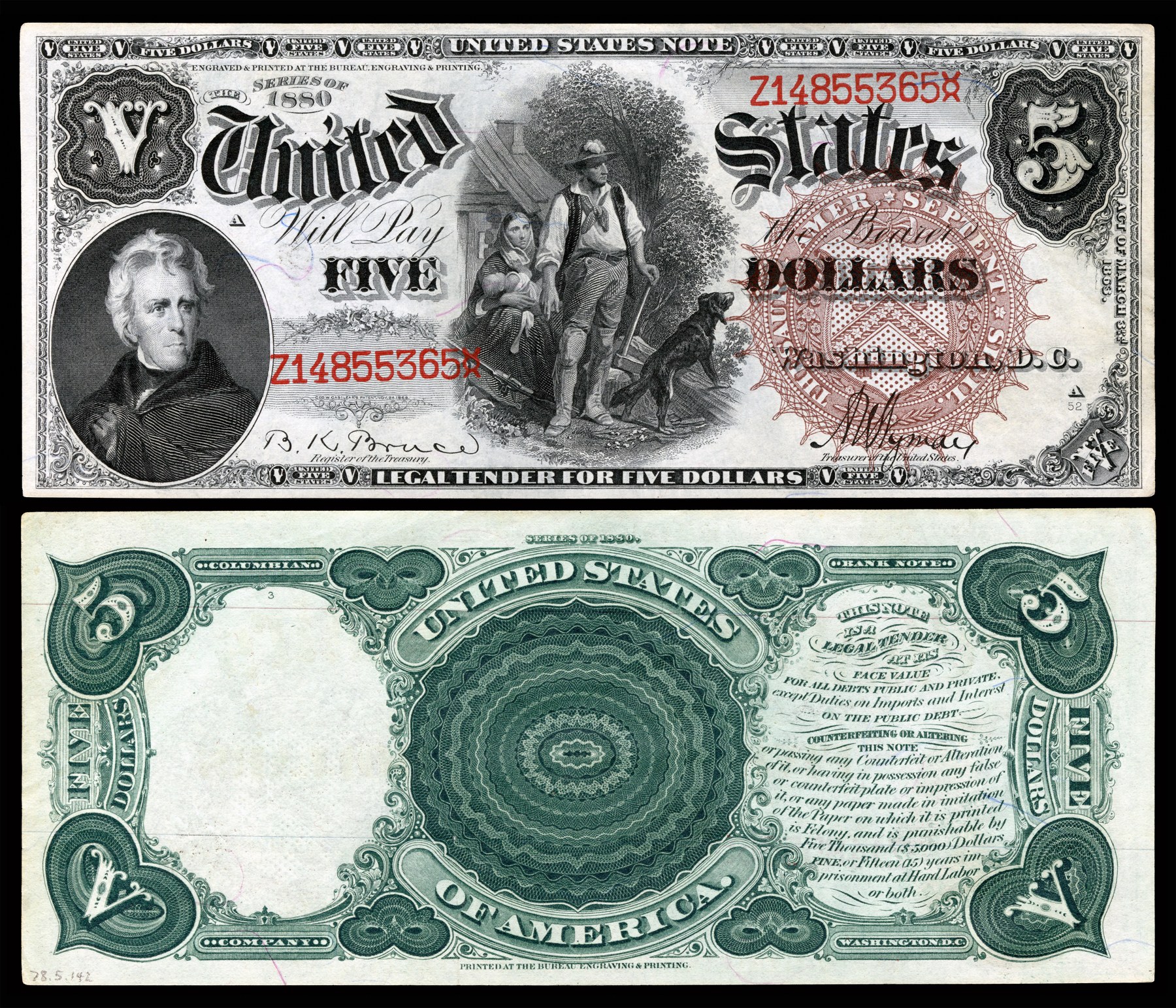 Series 1880 $5 United States Note (legal tender), Friedberg 72, Woodchopper design.
