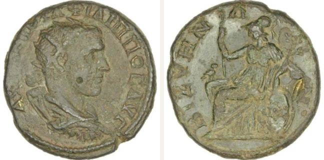 Bizye, Philippus Arabs, bronze coin — Athena enthroned left (CN type 15089)