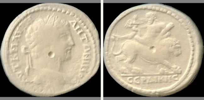 Serdika, Caracalla, 4 unit — Nude Heracles reclining left on lion walking right (CN type 621)