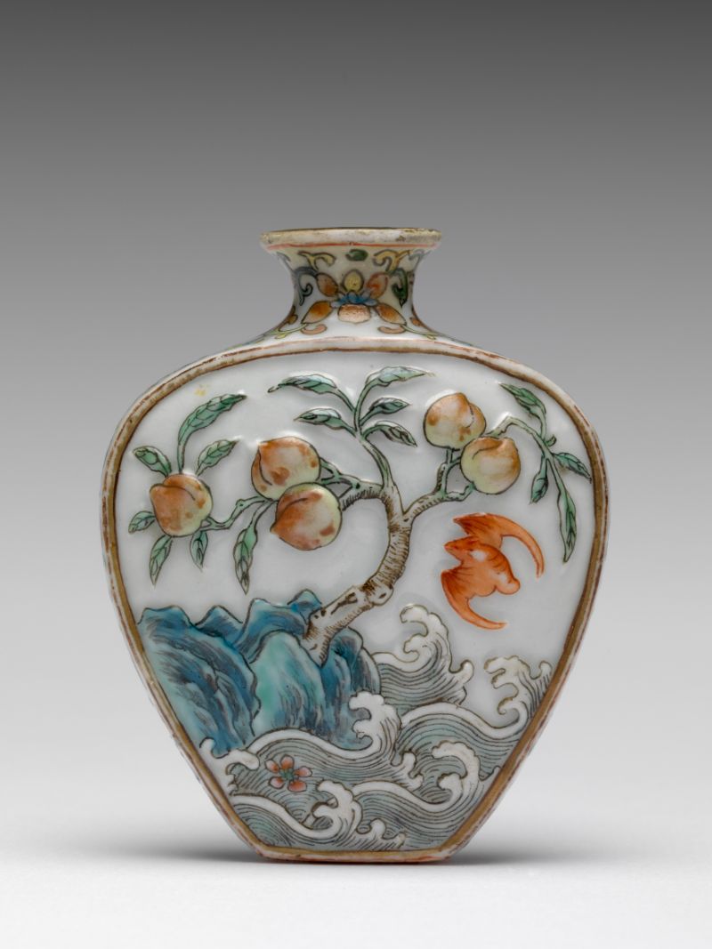 Snuff bottle moulded and painted with peach tree and bats, Chinese Imperial workshops