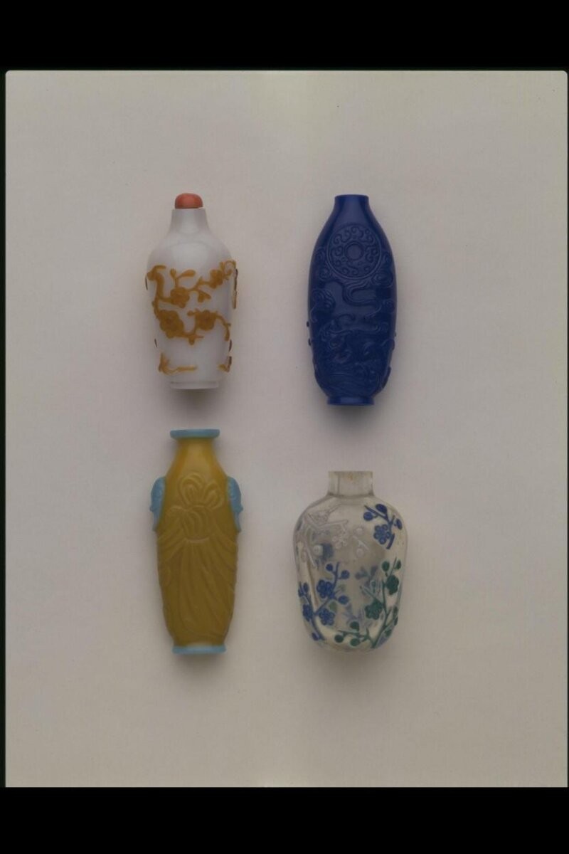 Transparent glass snuff bottle with applied enamel decoration, China, 1750-1850