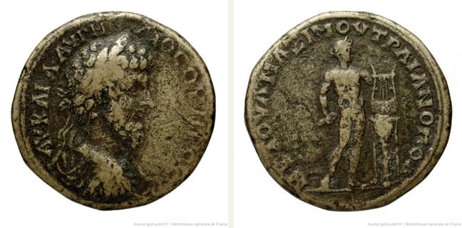 Traianopolis, Lucius Verus, 5 unit — Nude Apollo standing right (CN type 2645)