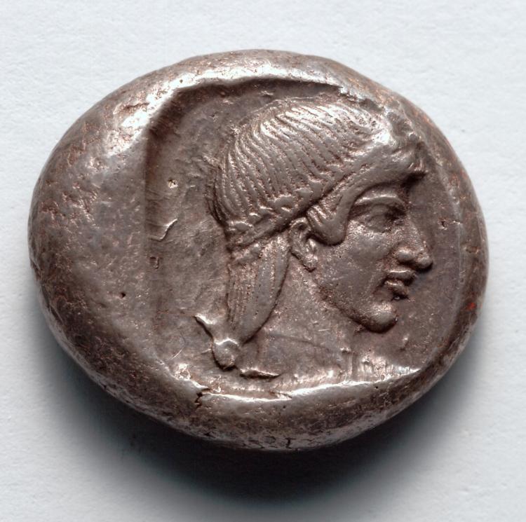 Drachm: Head of Aphrodite, r., within incuse square (reverse), 465–449 BCE (Cleveland Museum of Art 1929.914.b)