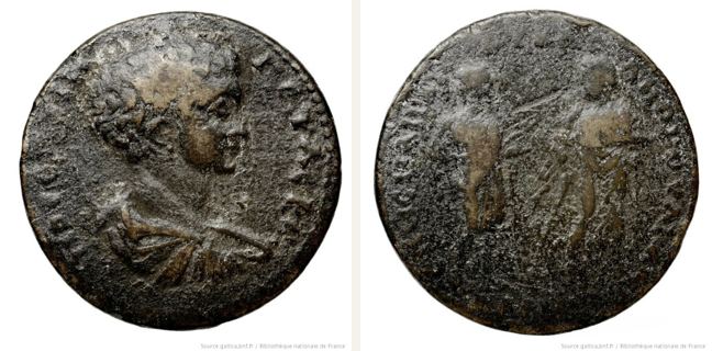 Hadrianeia, Geta, bronze coin — Hygieia and Asclepius (CN type 19789)