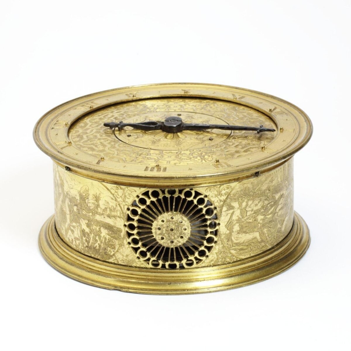 Drum clock with alarm engraved with scenes representing the months. Made in France, 1560-80, movement by Félix Loubet