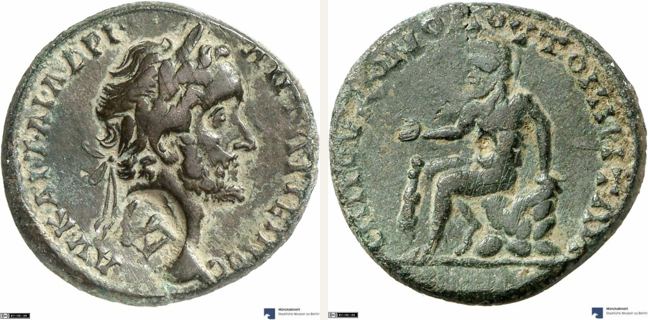 Topeiros, Antoninus Pius, 4 unit — Heracles seated left on rock covered with lion skin (CN type 21035)
